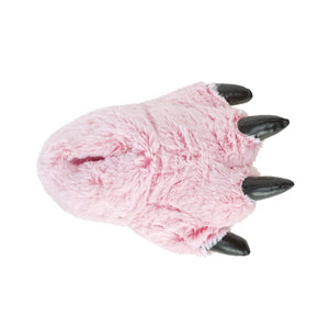 Kids pink tiger paw slipper seen from above.