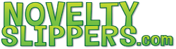 NoveltySlippers.com logo, showing text in a green cartoon font