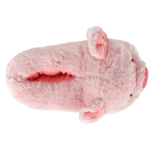 Pink plush pig-shaped slipper, seen from above, on a white background