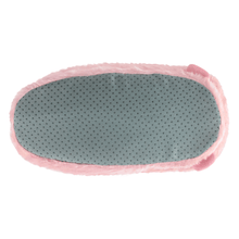 Bottom of a pink pig slipper, showing a gray fabric sole with non-slip grips