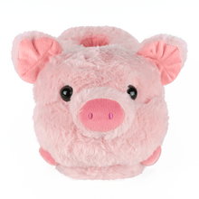 Pink plush pig slipper, close-up view of face, on a white background