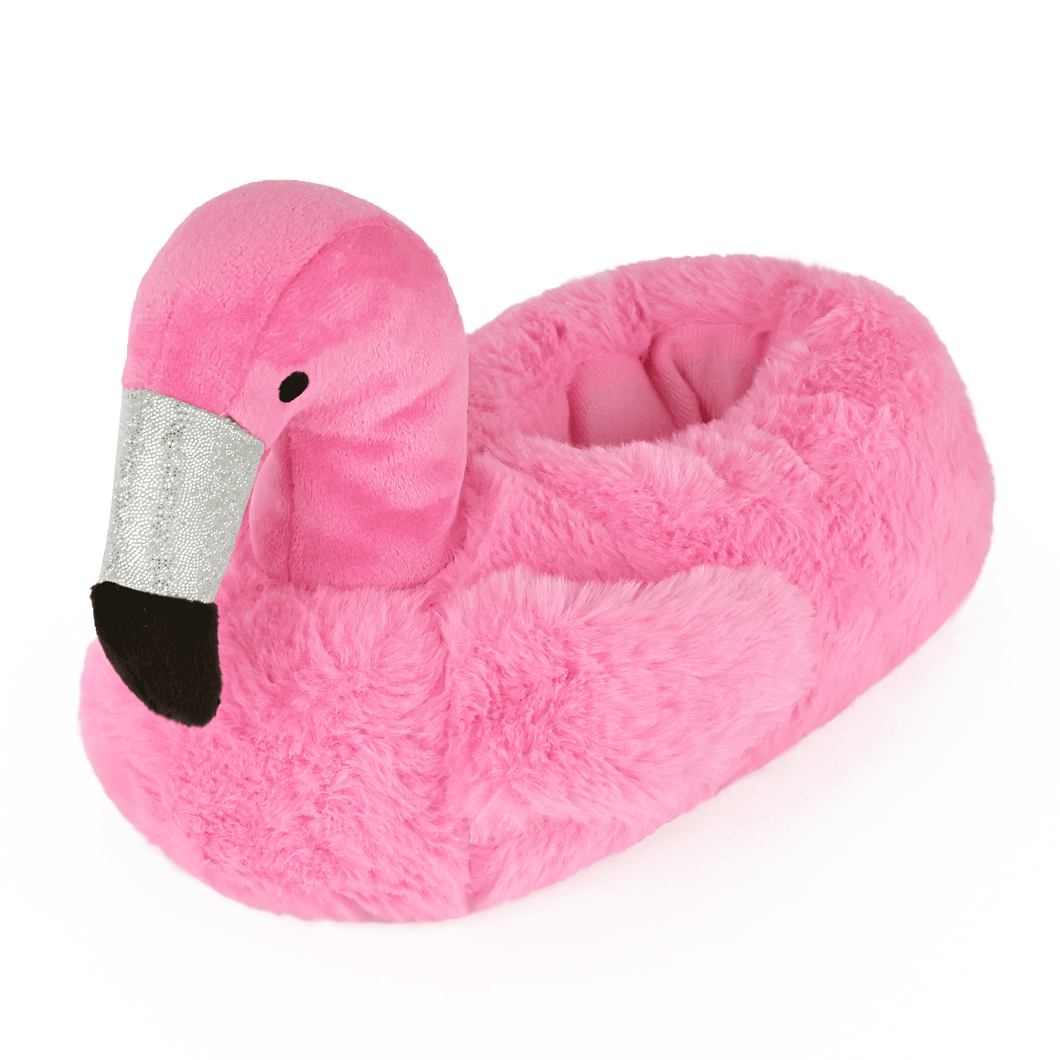 Pink plush flamingo-shaped slipper on a white background
