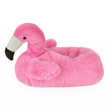 Pink flamingo-shaped slipper seen from the side on a white background