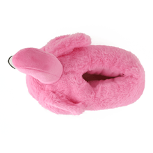 Pink plush slipper shaped like a flamingo seen from the top on a white background