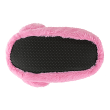 Bottom of a pink plush flamingo slipper, showing black fabric sole with non-slip grips
