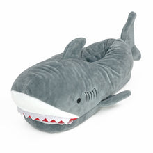 Plush Shark Slipper with fins,  tail, embroidered gills and eyes, white snout, felt teeth, and red mouth.