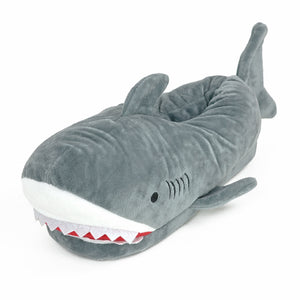 Plush Shark Slipper with fins,  tail, embroidered gills and eyes, white snout, felt teeth, and red mouth.