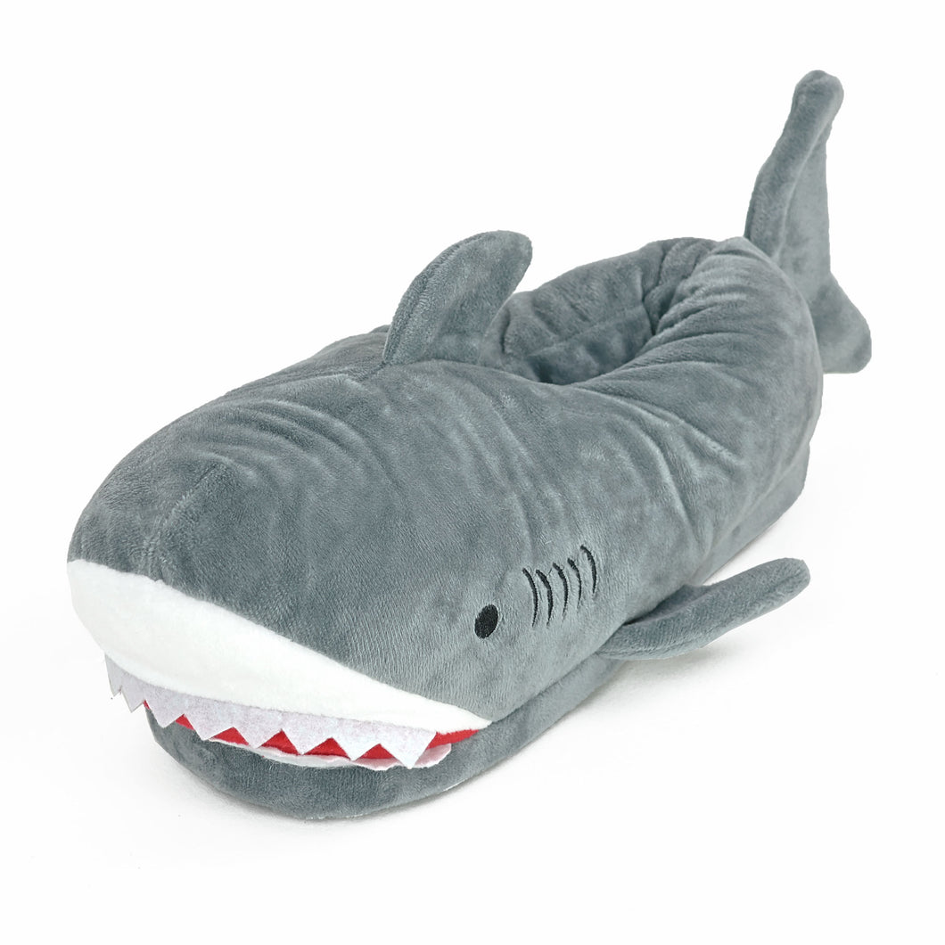 Plush Shark Slipper with fins,  tail, embroidered gills and eyes, white snout, felt teeth, and red mouth.