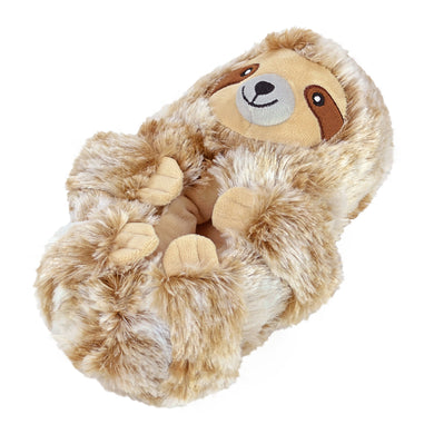 Plush sloth slipper with embroidered details on face, brown fur, and four legs wrapping around body with little feet on the end.
