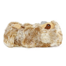 Plush sloth slipper viewed from the side