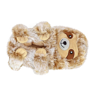 Plush sloth slipper seen from above