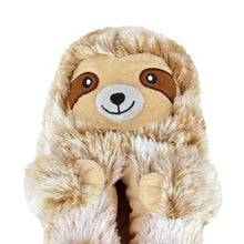 Close up of sloth slipper's face, showing eyes, nose and smiling mouth