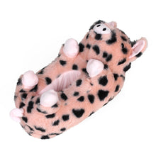 Spotted Pig Slipper, plush pig with pink fur and black spots, hooves, ears, piggy nose, and curly tail. 