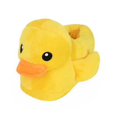 Yellow rubber duck-shaped slipper on a white background
