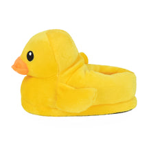 Yellow rubber duck-shaped slipper on a white background, shown in side profile