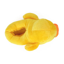Yellow plush slipper shaped like a rubber duck seen from above