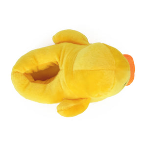 Yellow plush slipper shaped like a rubber duck seen from above