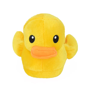 Yellow plush slipper that looks like a rubber duck seen from the front with a close-up view of face