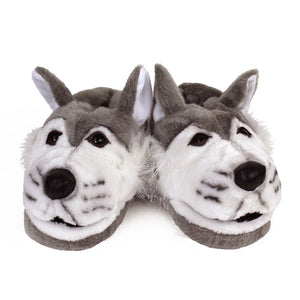 Gray Wolf Head Slippers View of Pair